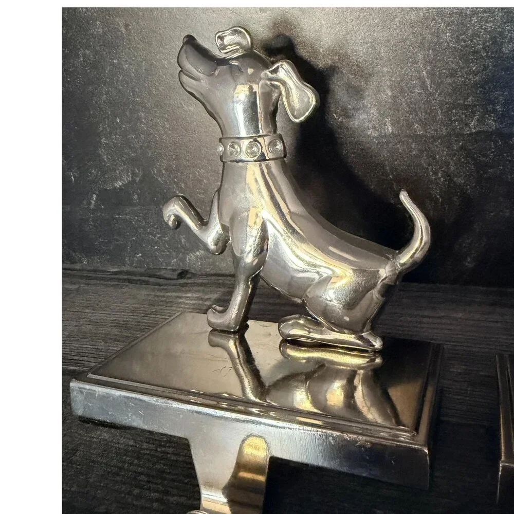 Vintage Pottery Barn Dog Stocking‎ Holders Silver Rhinestone Collars Set of 2